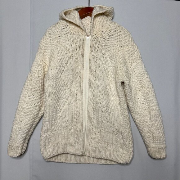 Vintage 100% Wool Cream Cable Knit Chunky Hooded Grandpa Cardigan Sweater XL - Picture 7 of 9